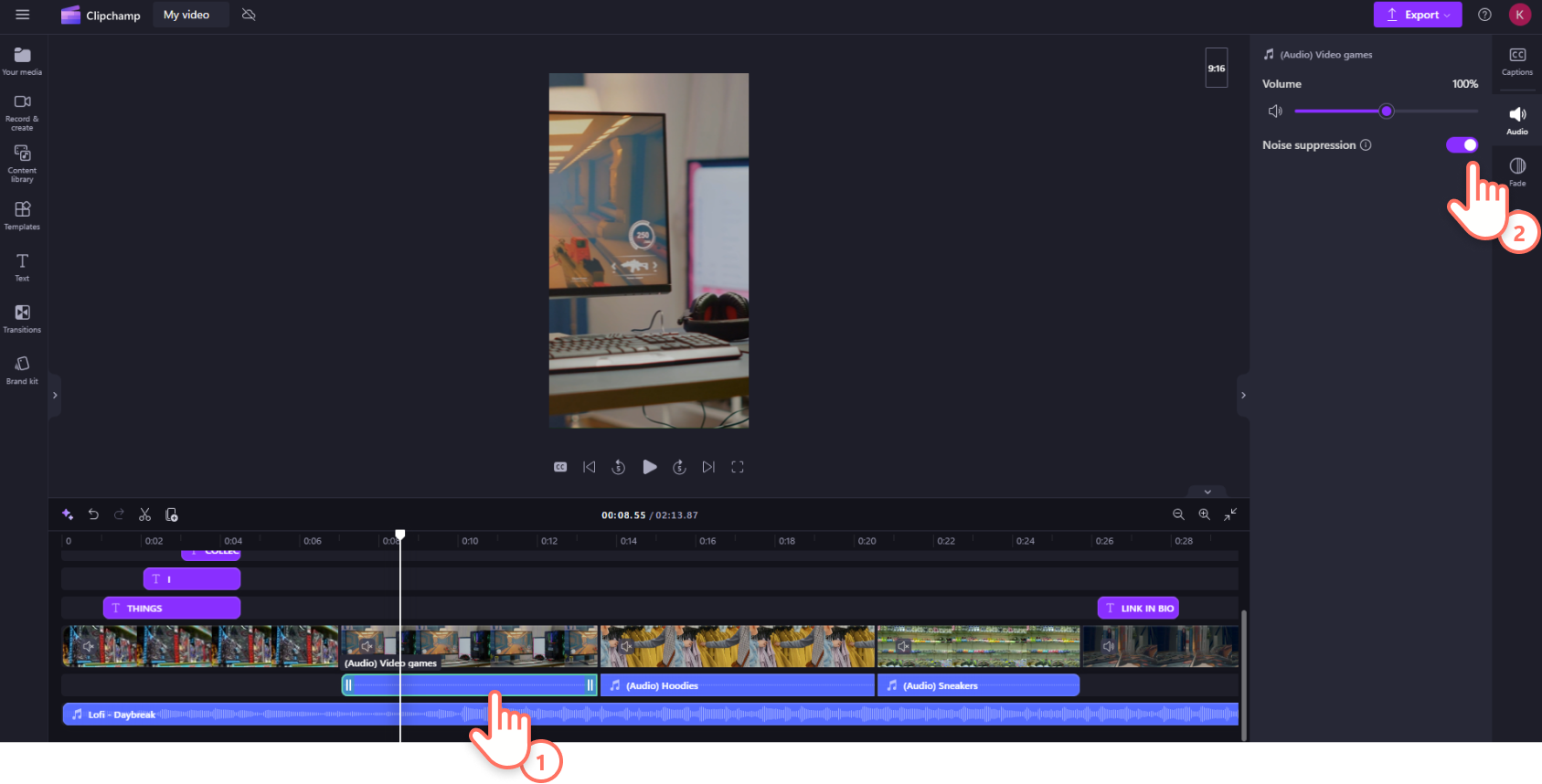 A screenshot of a Clipchamp user turning on noise suppression for an audio clip.