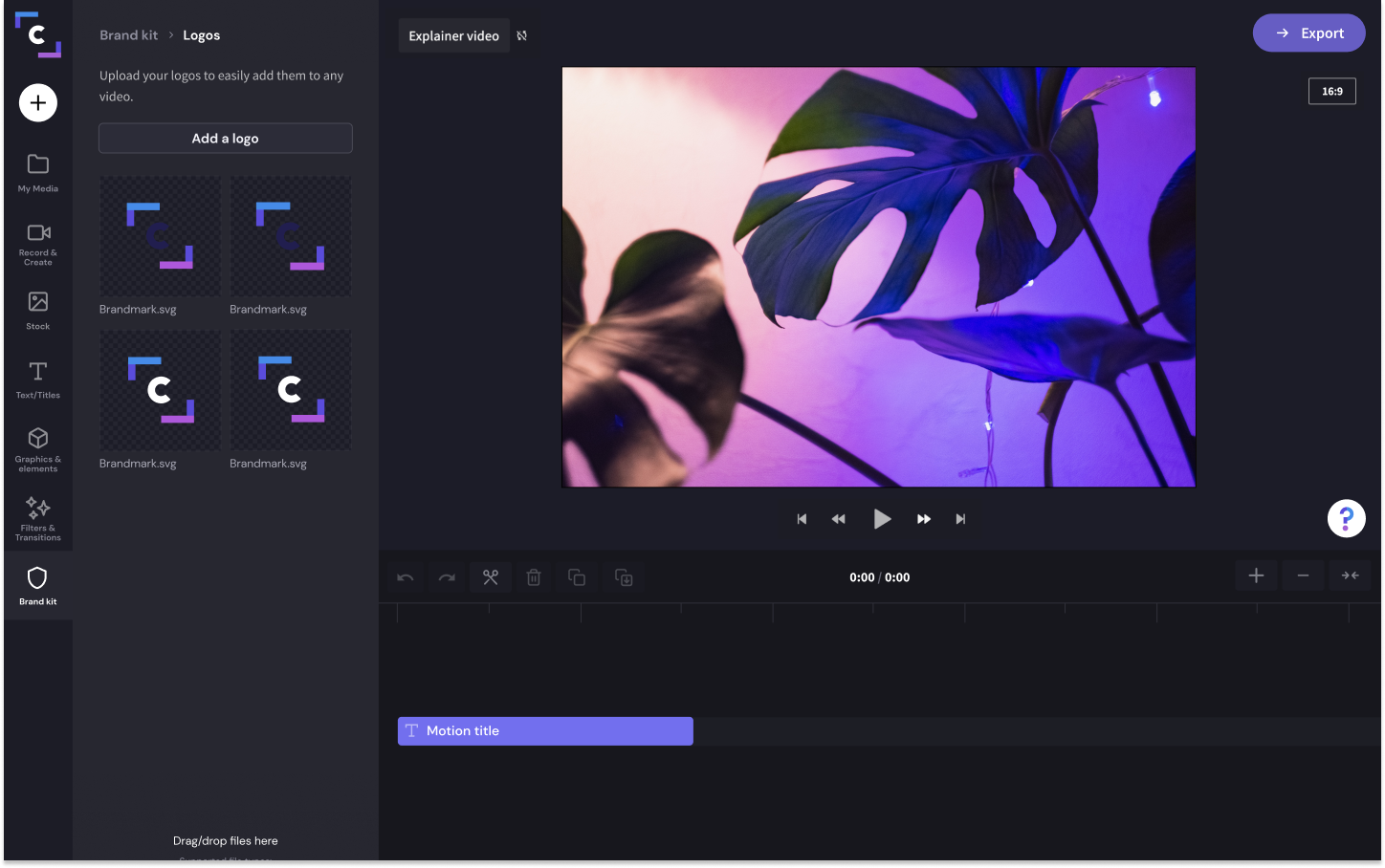 The logo selector in the brand kit tab is open in the Clipchamp video editor.