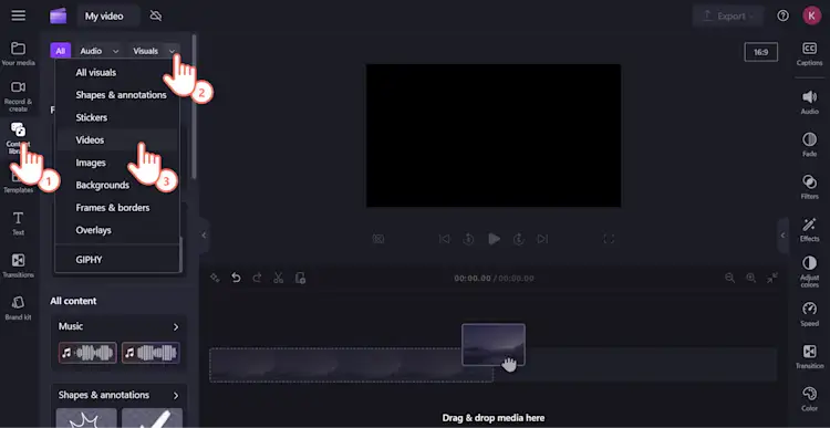 An image of a Clipchamp searching for video assets in the content library.