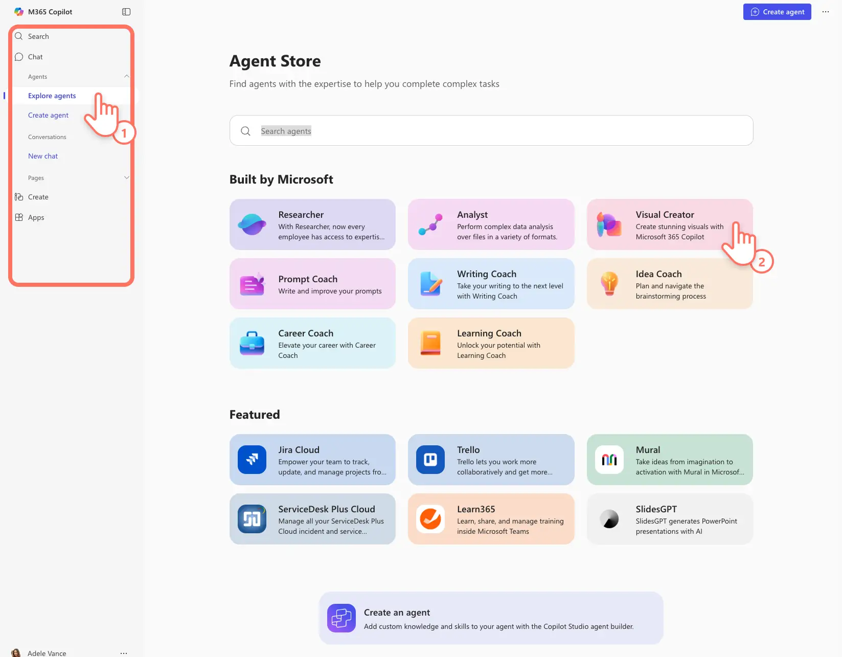 A user selecting the Agents in M365 Copilot