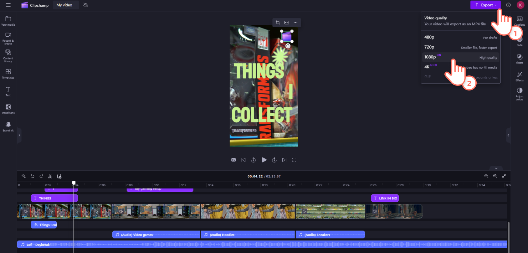 A screenshot of a Clipchamp user exporting their YouTube Short video in 1080p resolution.