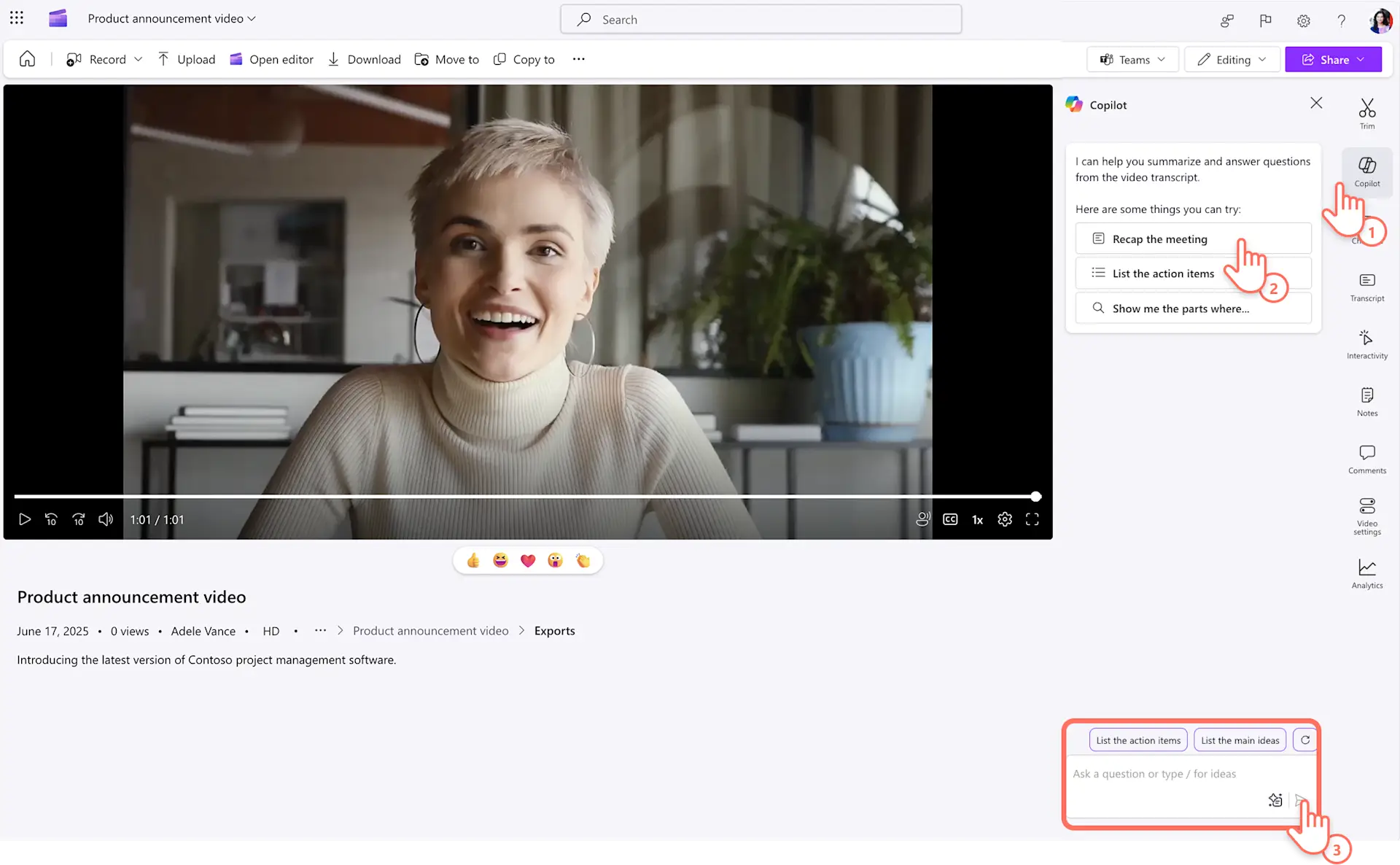 Un usuario indicando a Copilot en Clipchamp que genere un resumen del vídeo