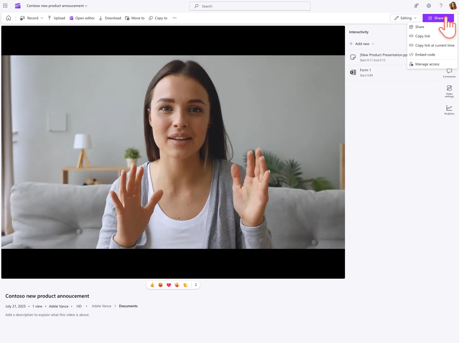 An image of sharing a video playback in Clipchamp