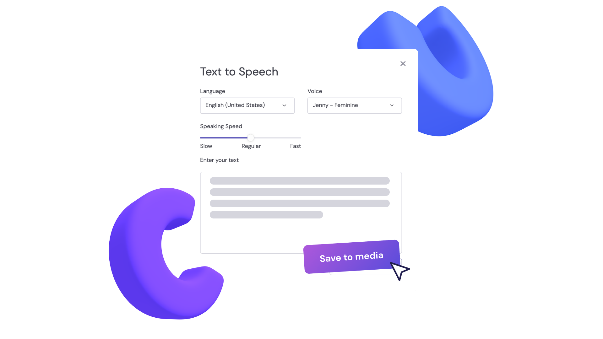A mouse hovers over the save to media button of the text to speech feature. A language, voice, and speaking speed are chosen and text is entered.