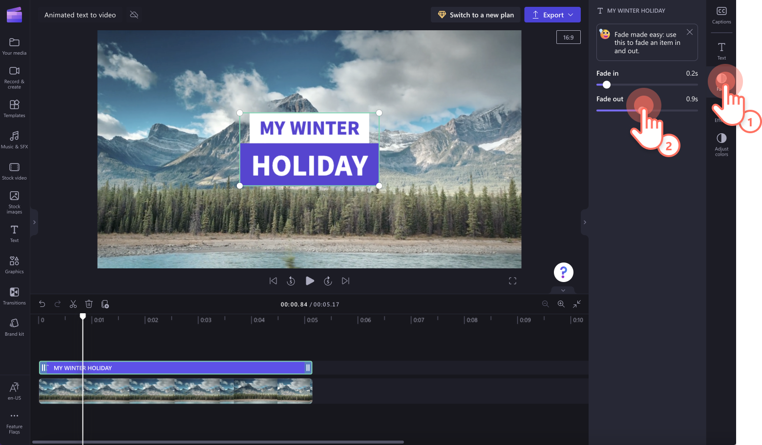 An image of a user adding a fade in and fade out using the fade tab.