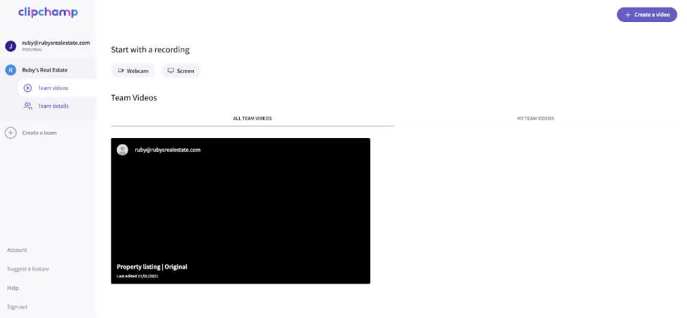 Clipchamp teams team video page