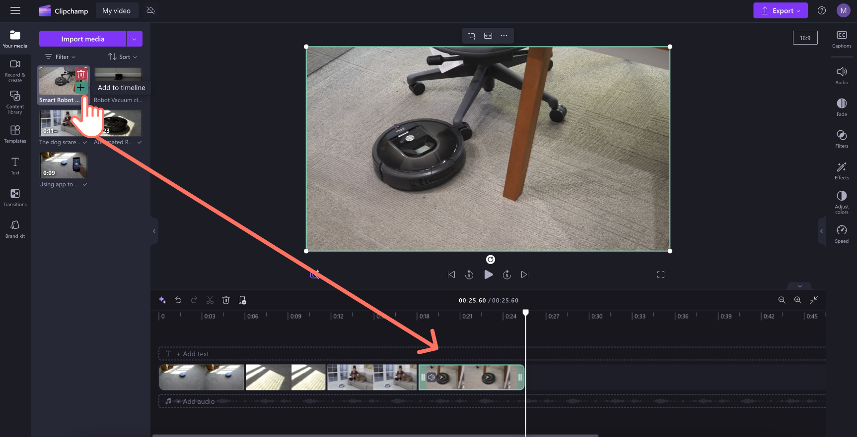 An image of a user adding video to the timeline.