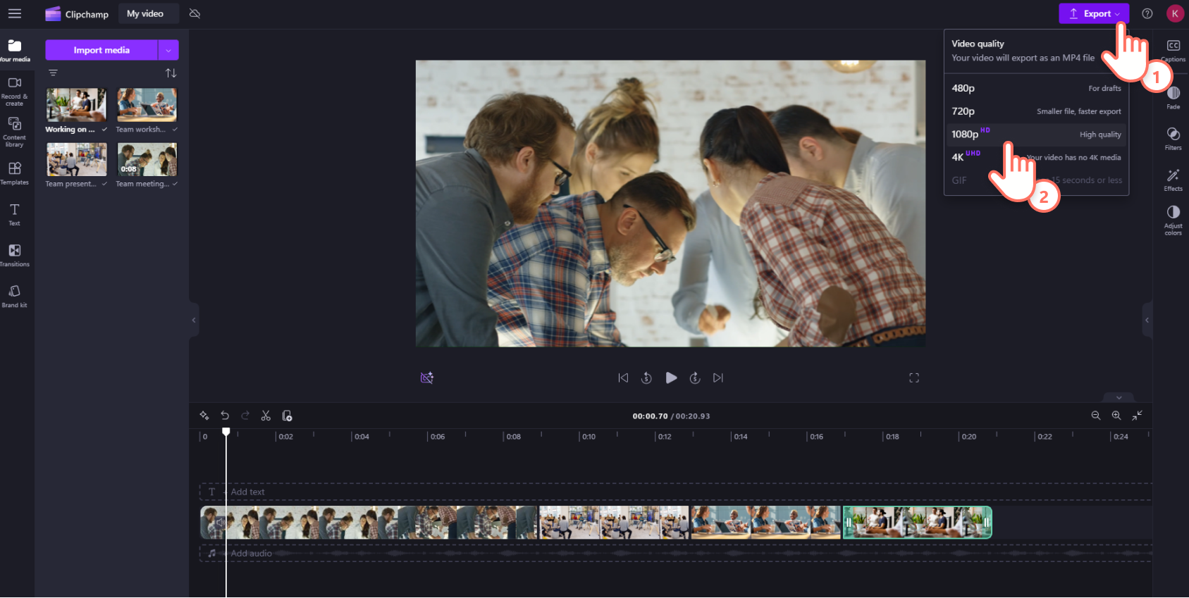 An image of a Clipchamp user exporting their video in 1080p resolution.