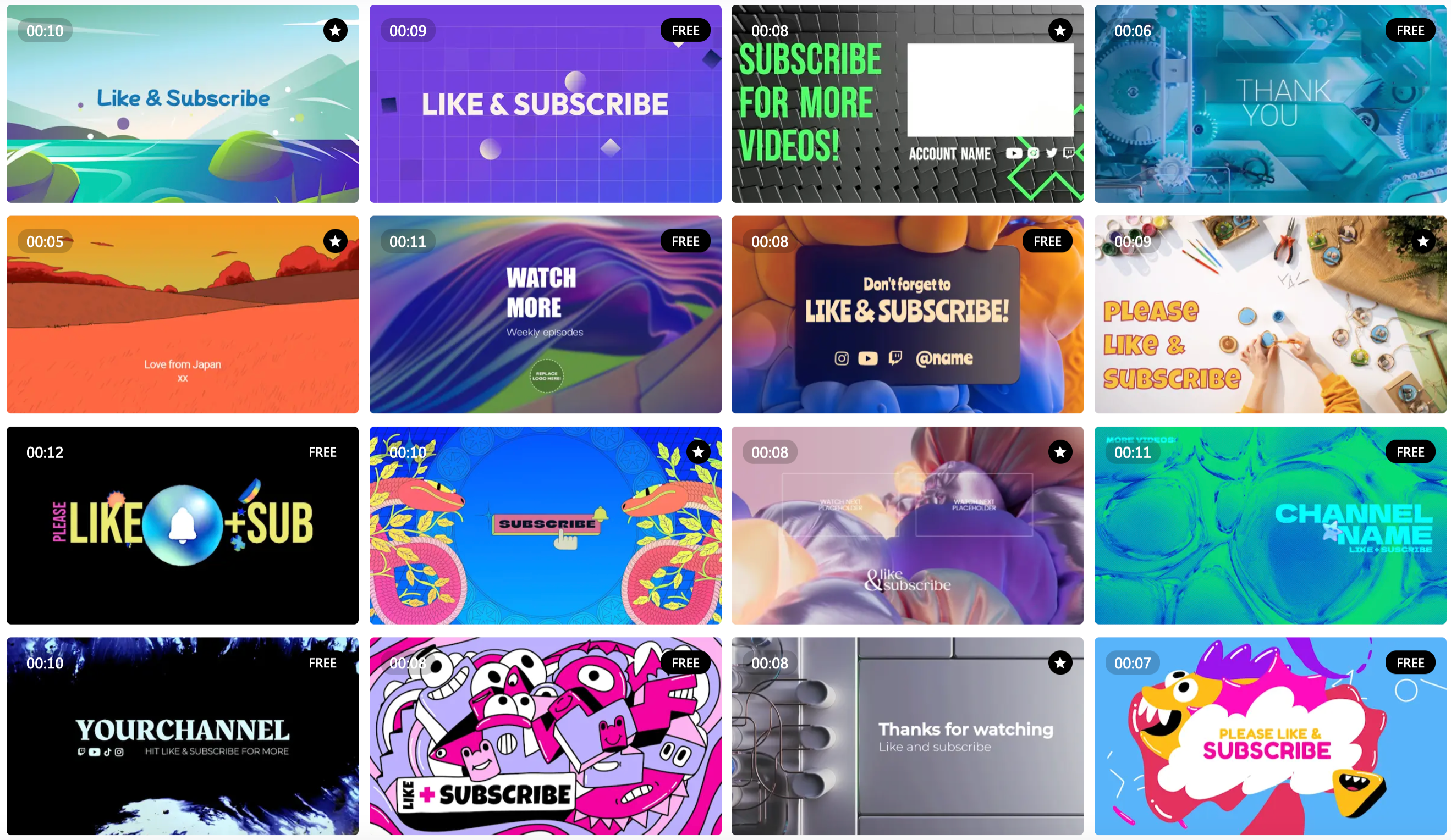 A screenshot of the Clipchamp YouTube video end screen templates.