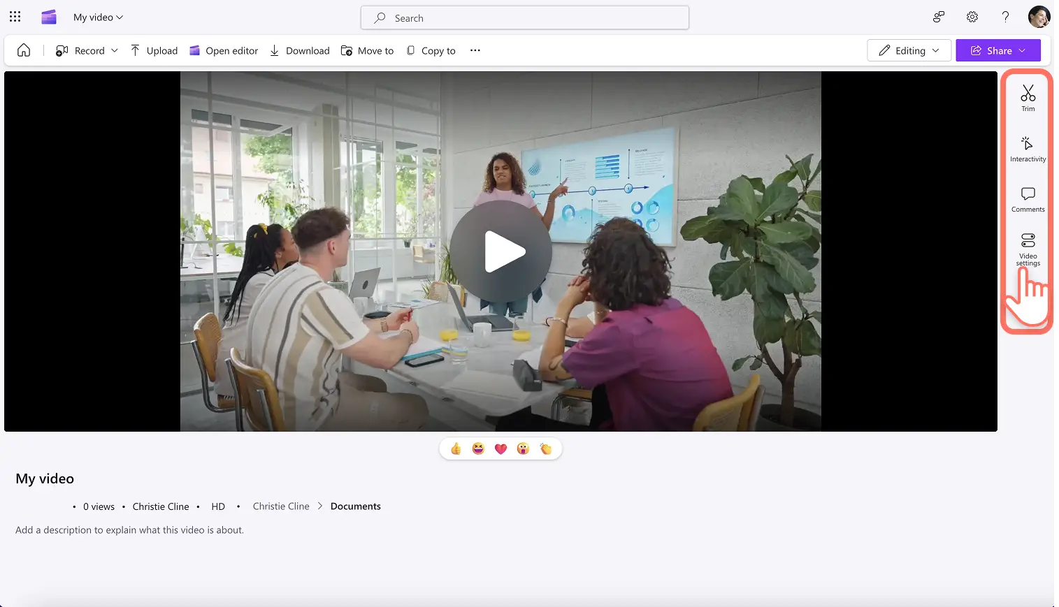 A user clicking on the video settings tab in Clipchamp.