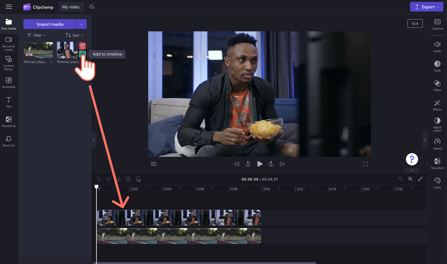 An image of a user adding two videos to the timeline.