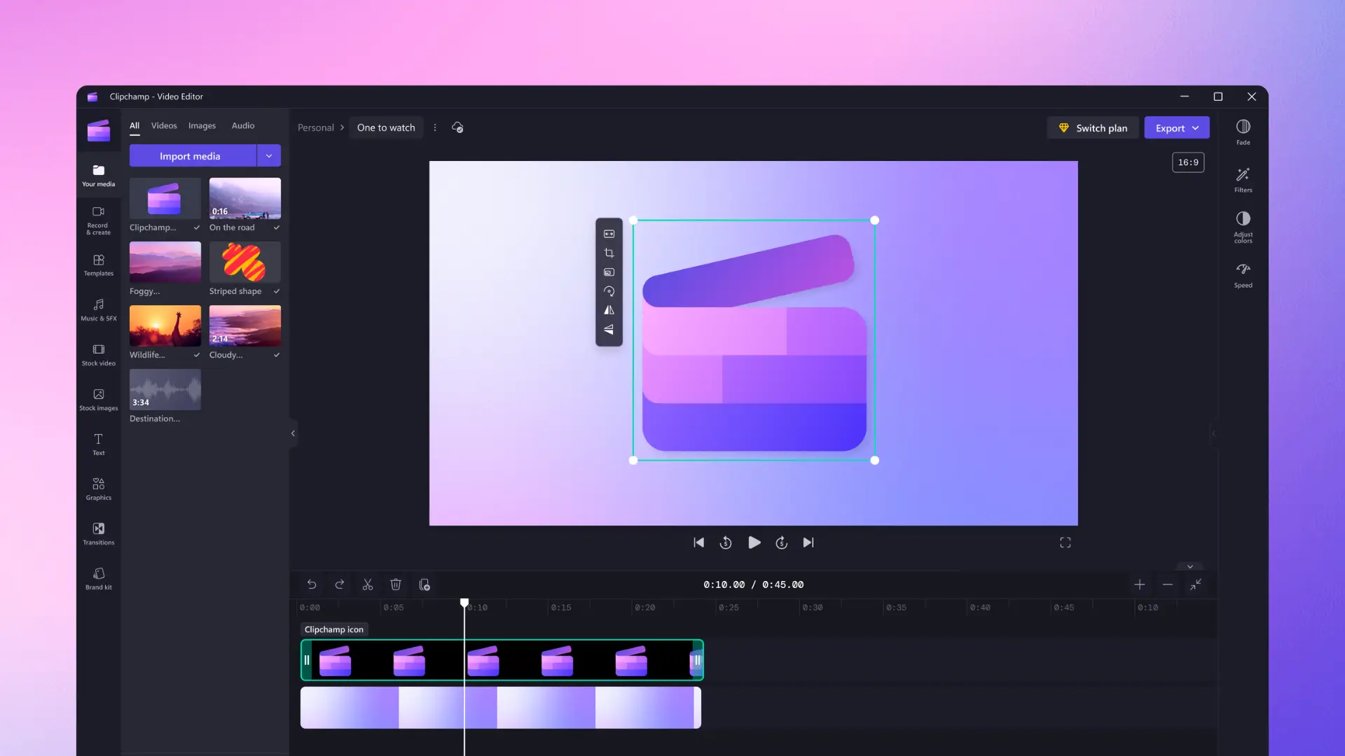 Una imagen del editor de vídeo en línea de Clipchamp.