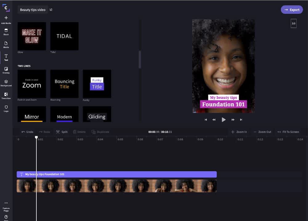 Screenshot of the Clipchamp video editor. A 2:3 aspect ratio video and text is being edited in the timeline. 