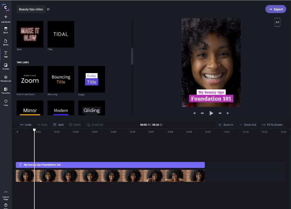Screenshot of the Clipchamp video editor. A 2:3 aspect ratio video and text is being edited in the timeline.