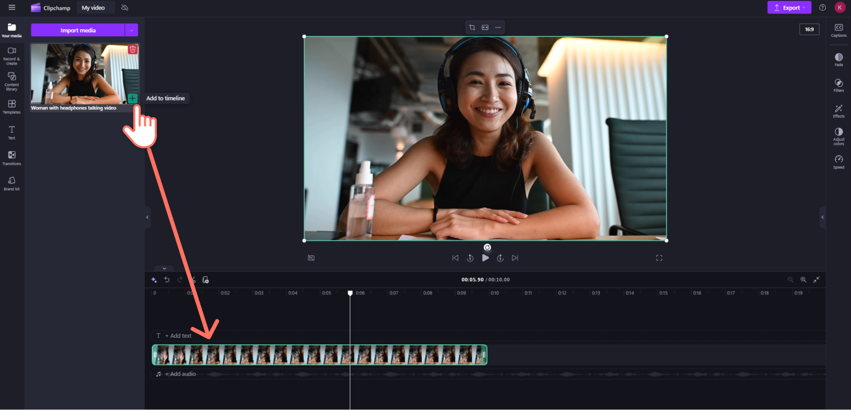 A user dragging and dropping a video onto the timeline in Clipchamp.