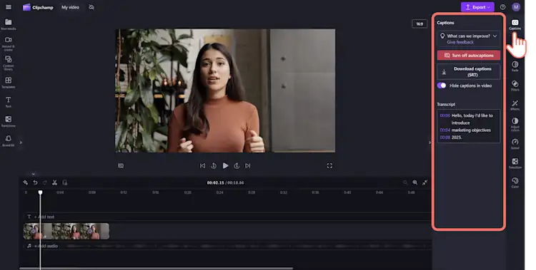 Người dùng đang thêm phụ đề và xem bản chép lời video trong Clipchamp.