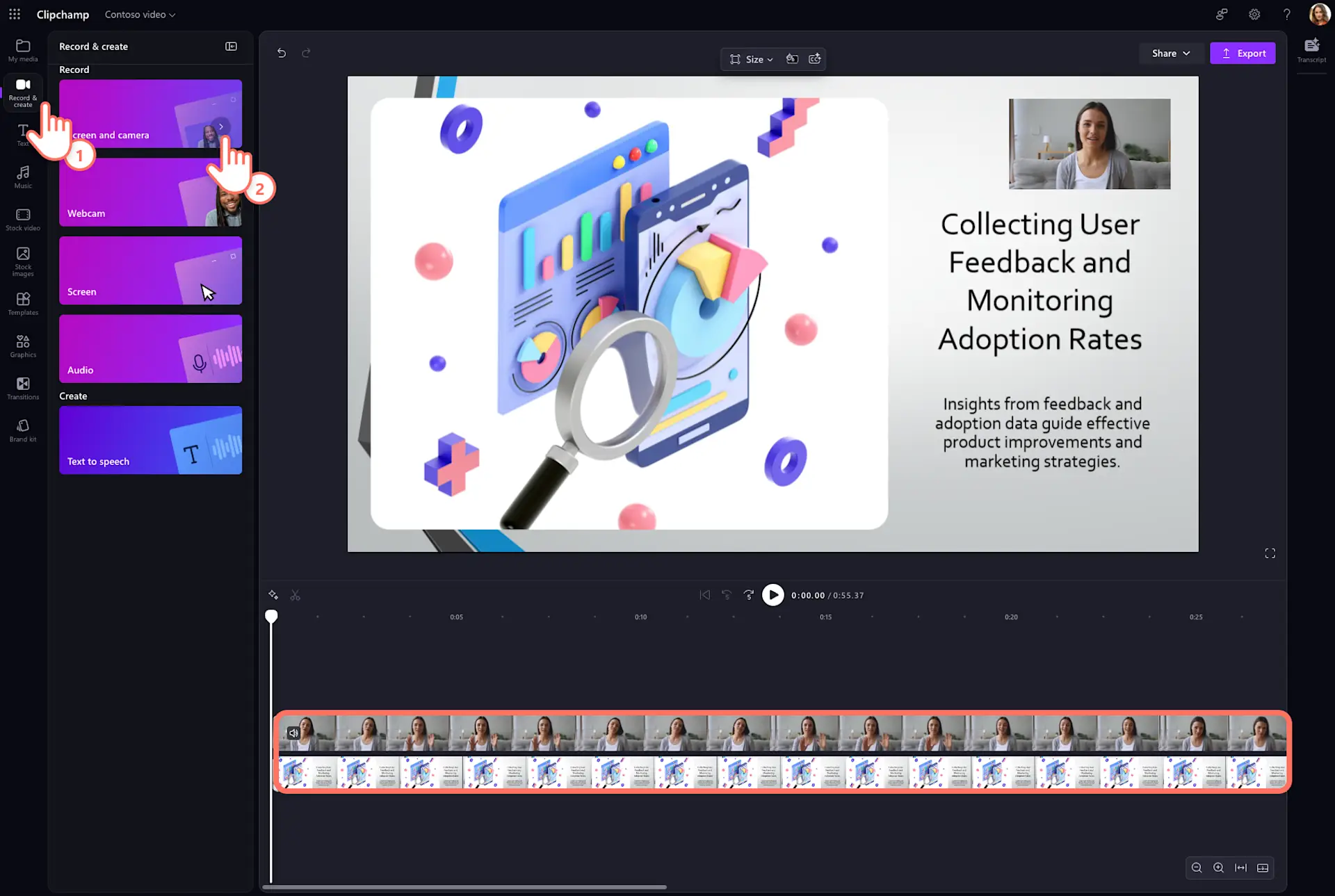 Clipchamp’te PowerPoint düzenleyen bir kullanıcının resmi.