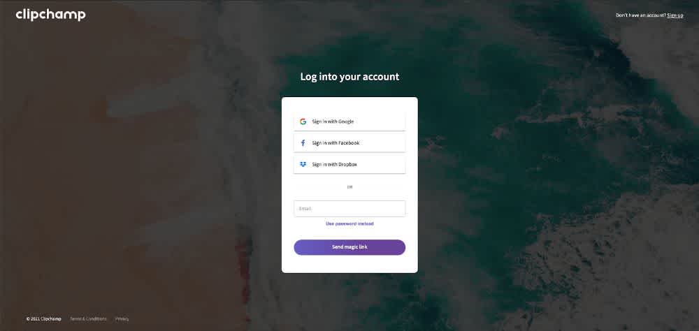 Screenshot of the Clipchamp log-in page.
