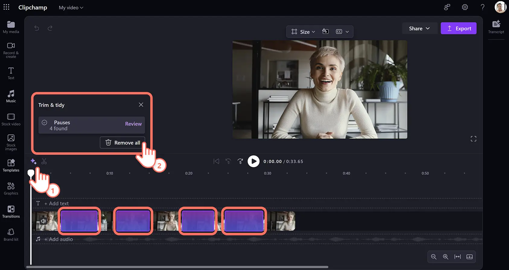 A user removing silences in a customer testimonial video in Clipchamp for work.
