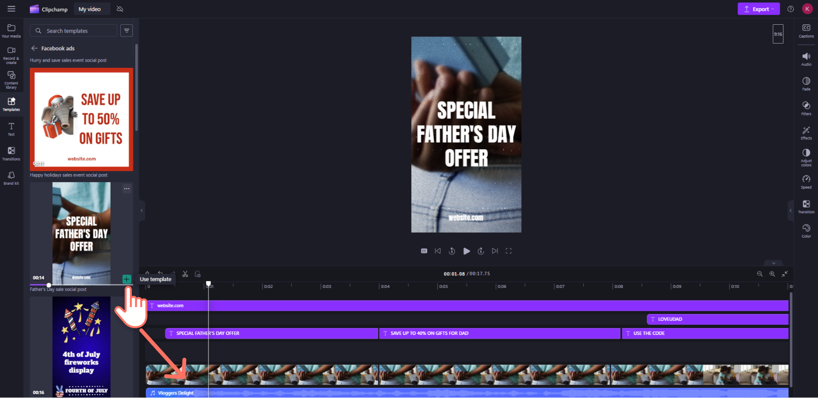 An image of a Clipchamp user adding a template to the editing timeline.