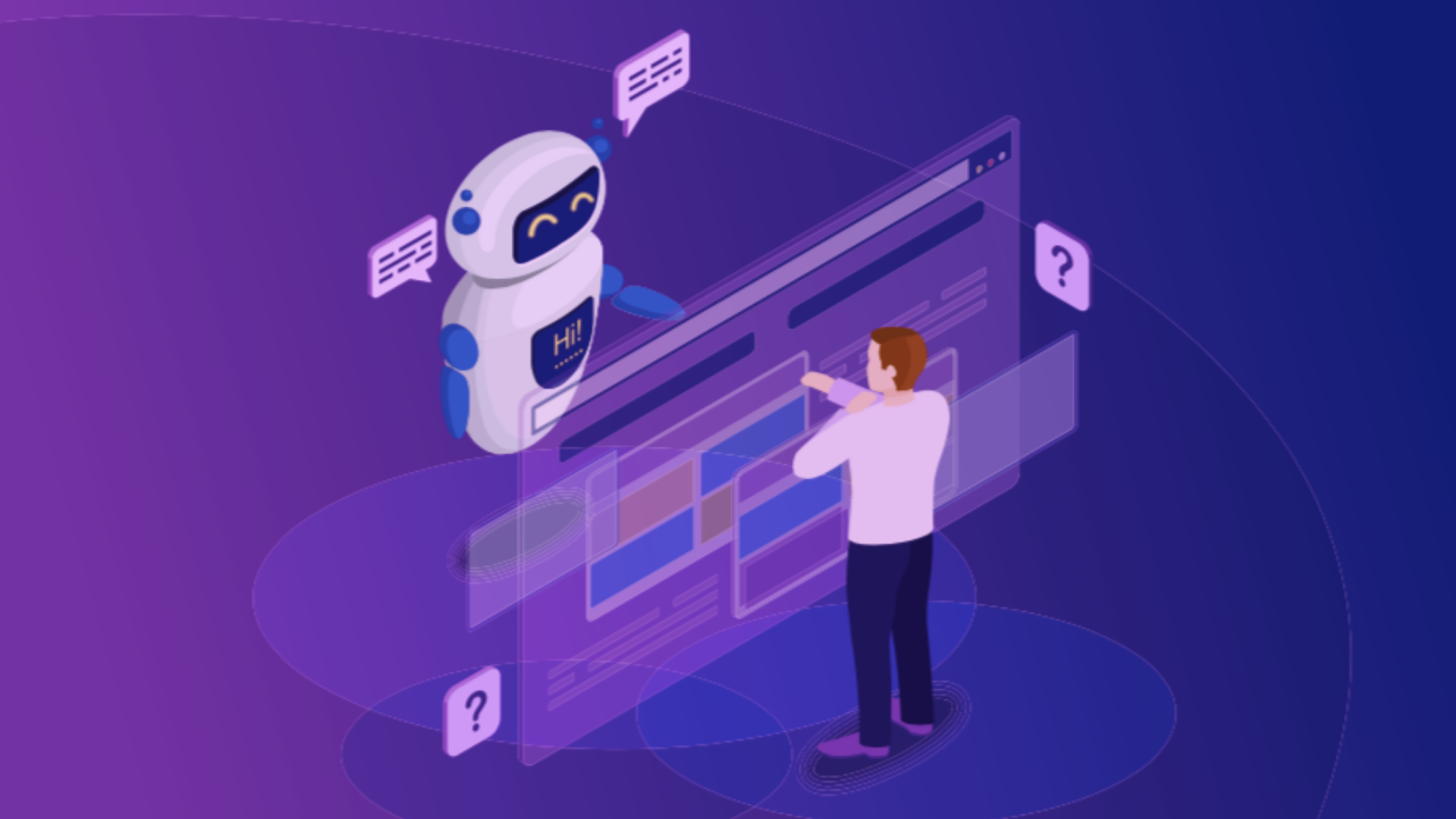 Design gráfico que mostra um homem interagindo com um robô - conceito de marketing e vendas com IA