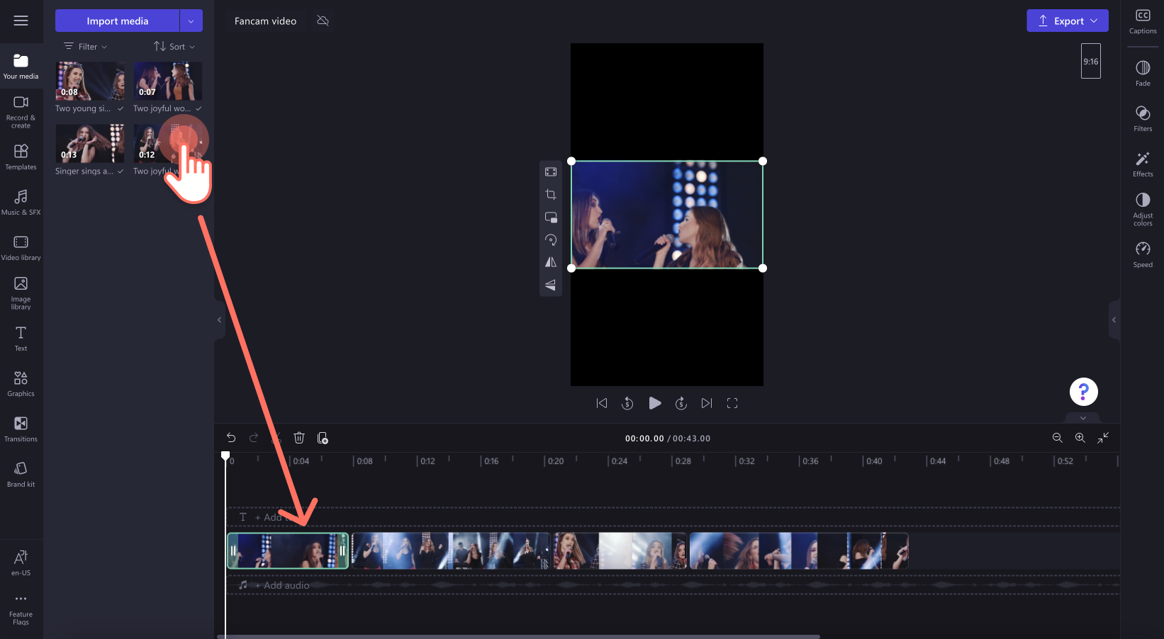 An image of a user adding video to the timeline.