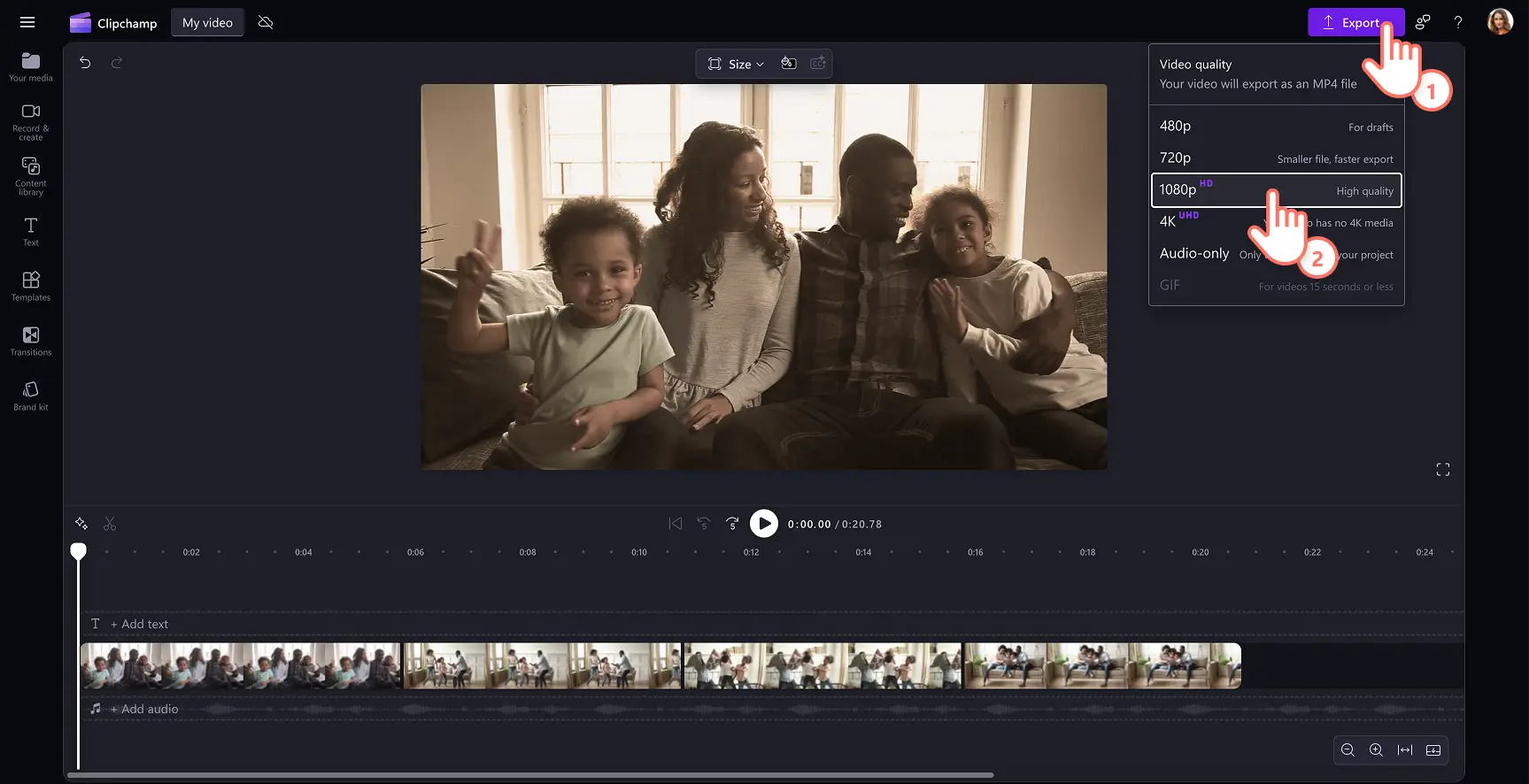 Salvare un video di alta qualità in Clipchamp