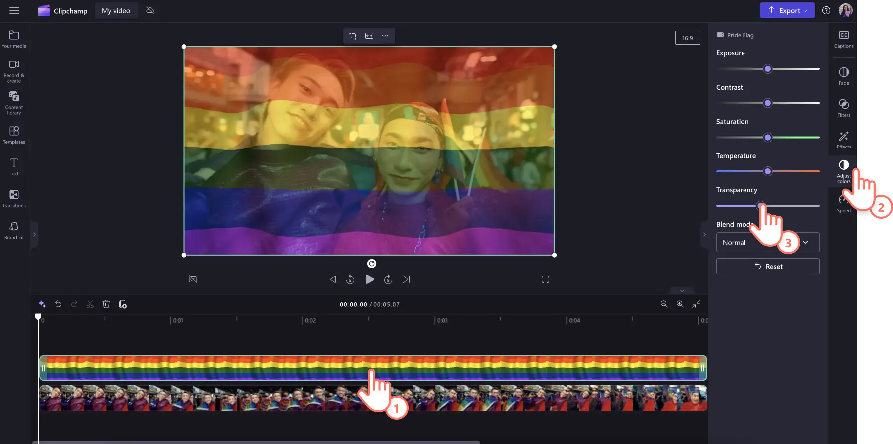 Adding a pride flag overlay using adjust colors tab in Clipchamp