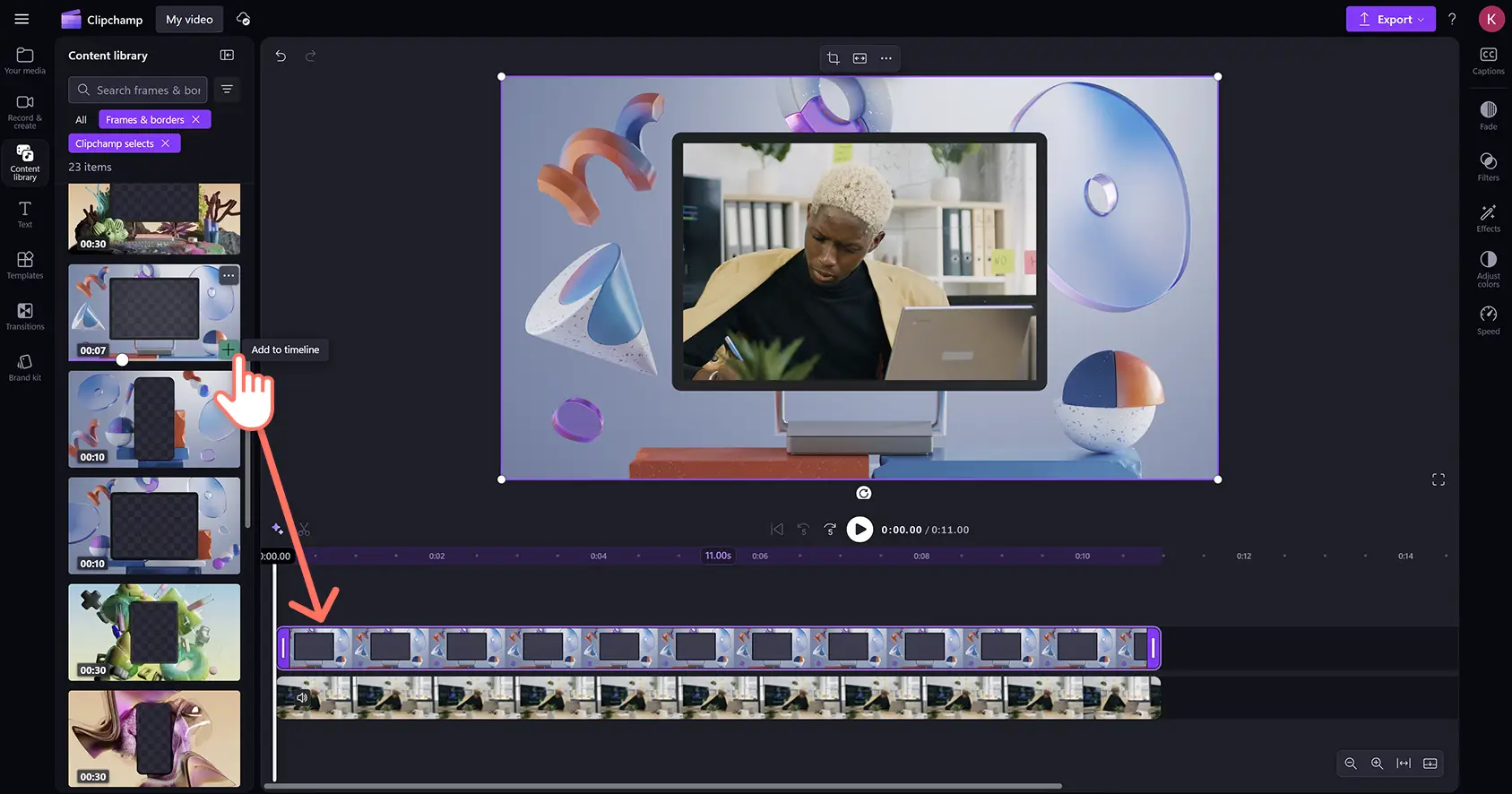 Ein Bild eines Benutzers, der ein Video Frame zur Zeitleiste hinzufügt.