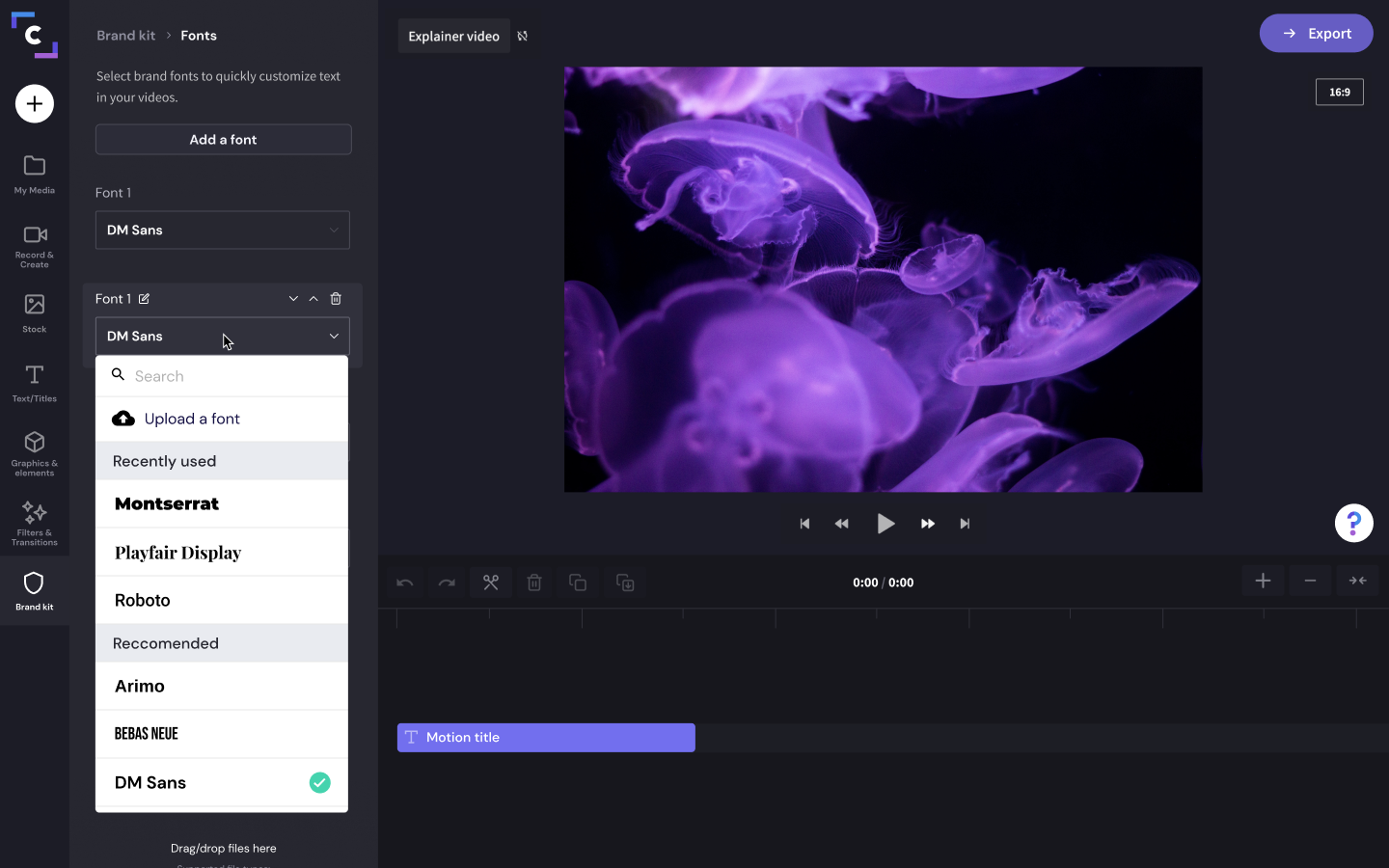 The font selector in the brand kit tab is open in the Clipchamp video editor.