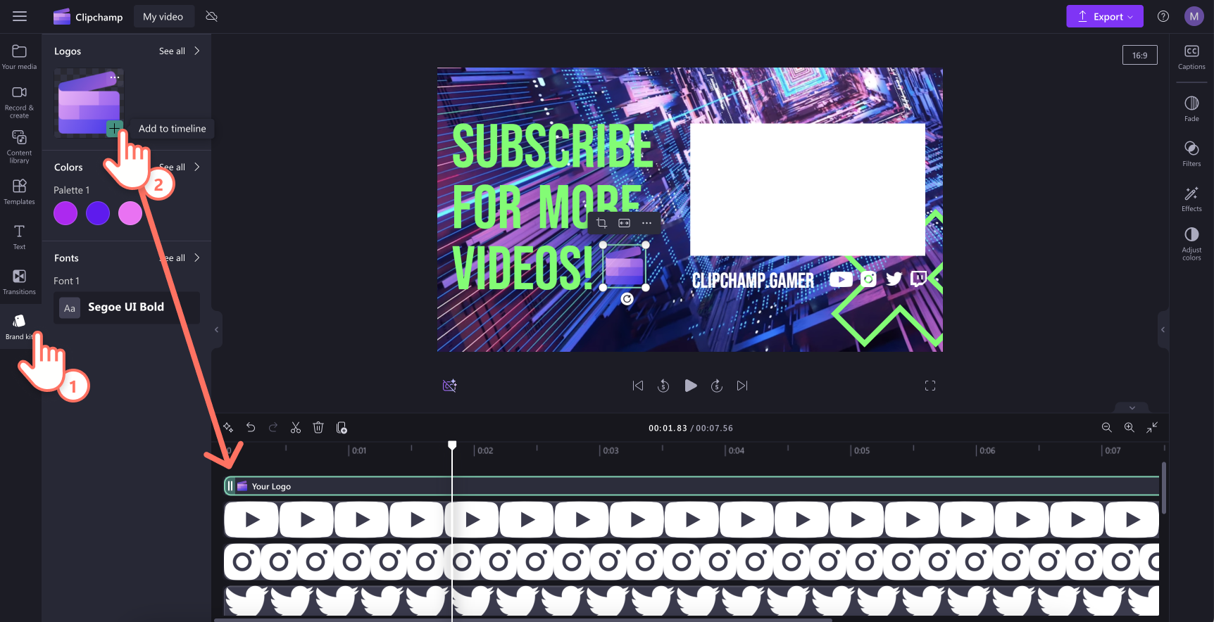 Hình ảnh người dùng thêm logo thương hiệu của họ vào video trong Clipchamp