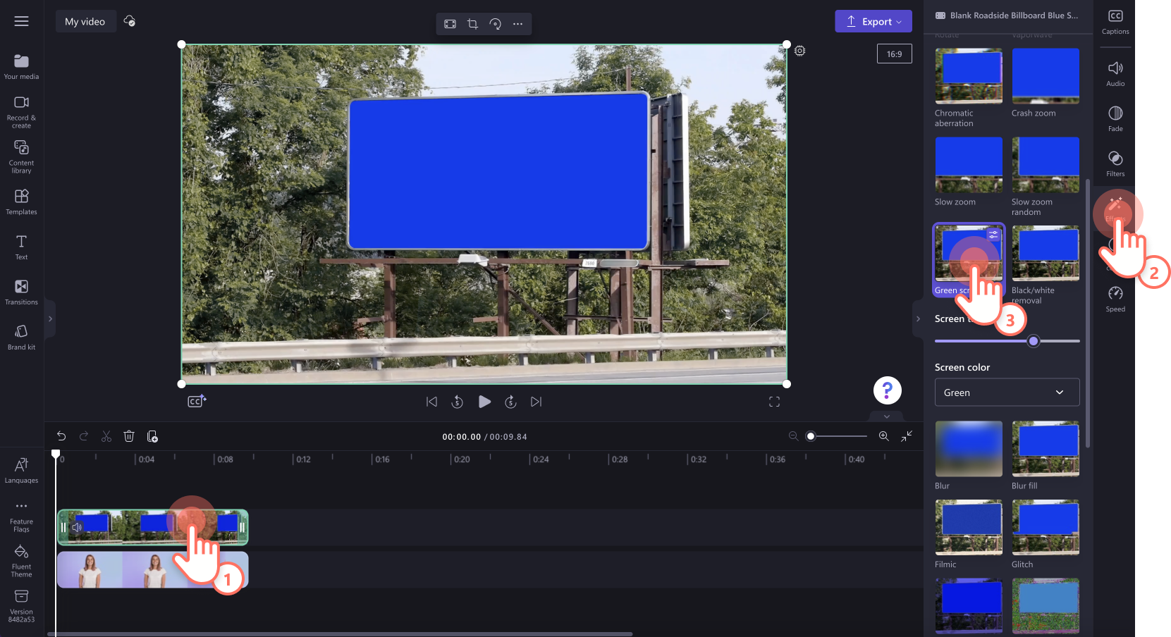 An image of a user clicking on the effects tab then green screen option.