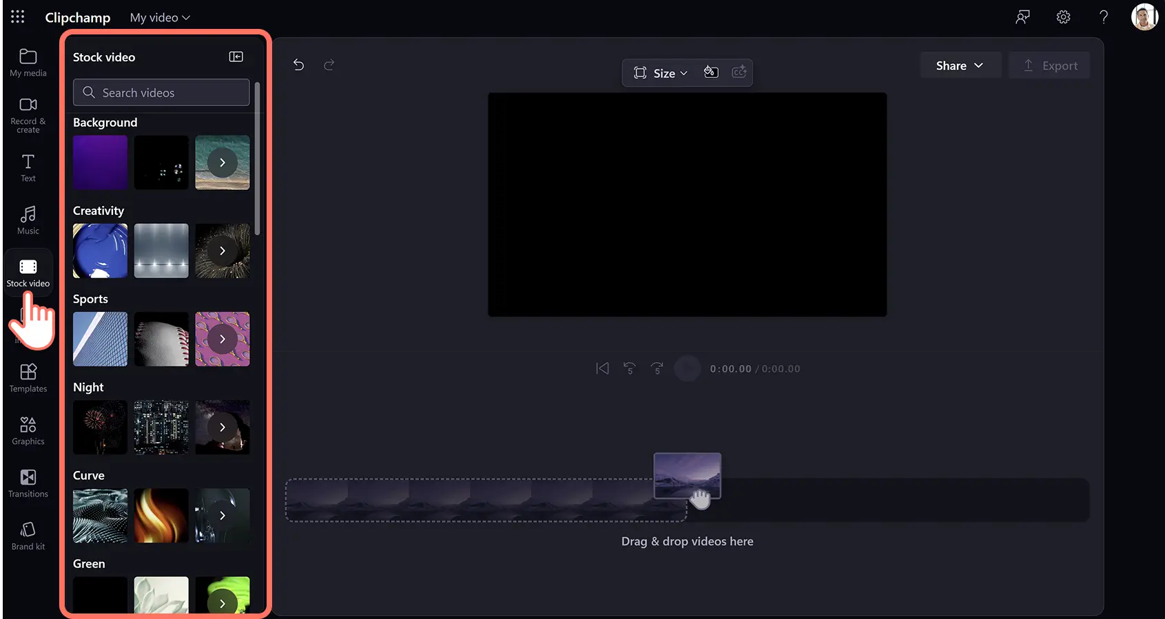 A user selecting stock media in Clipchamp for work.