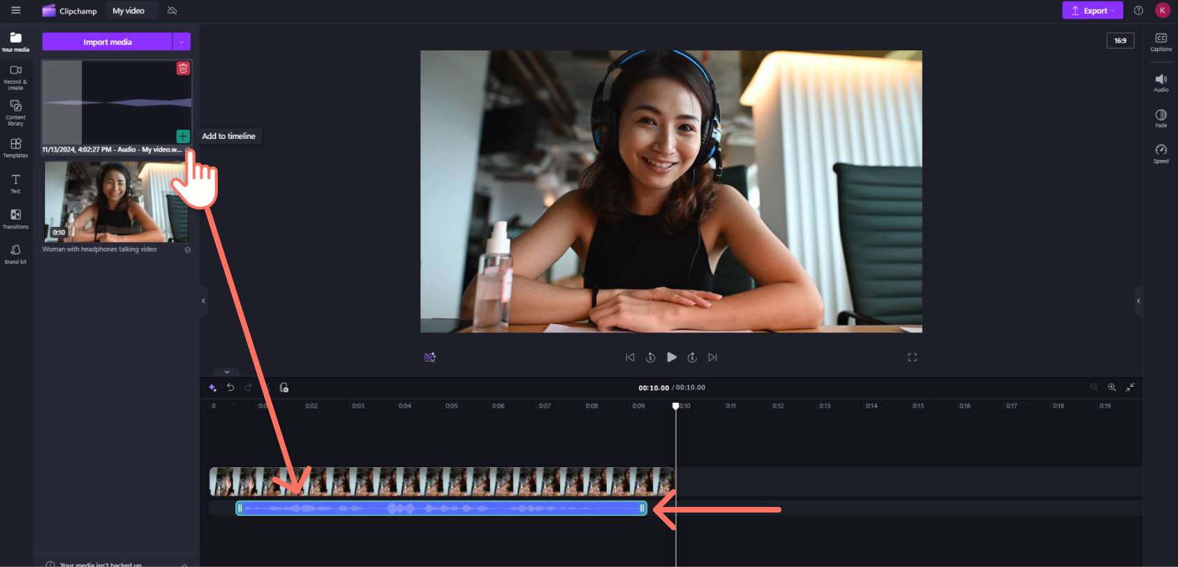 A user dragging and dropping an online voice recorder asset onto the timeline.