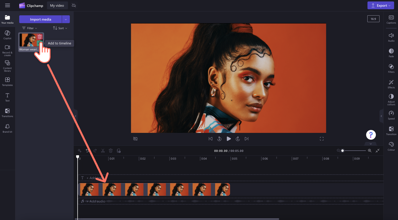 An image of a user adding a photo asset to the timeline.