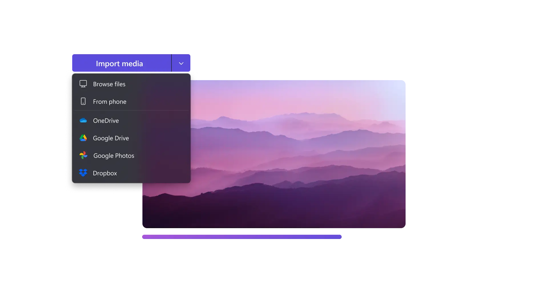 An image showing import media options in Clipchamp video editor.