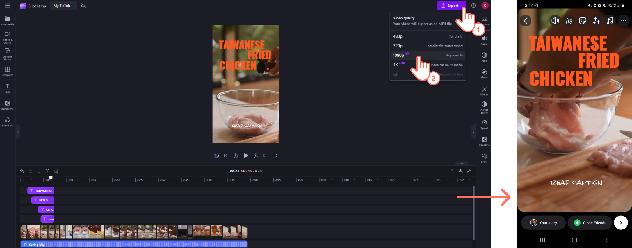 An image of a Clipchamp user exporting a video from the editor then uploading as a Reel in Instagram.