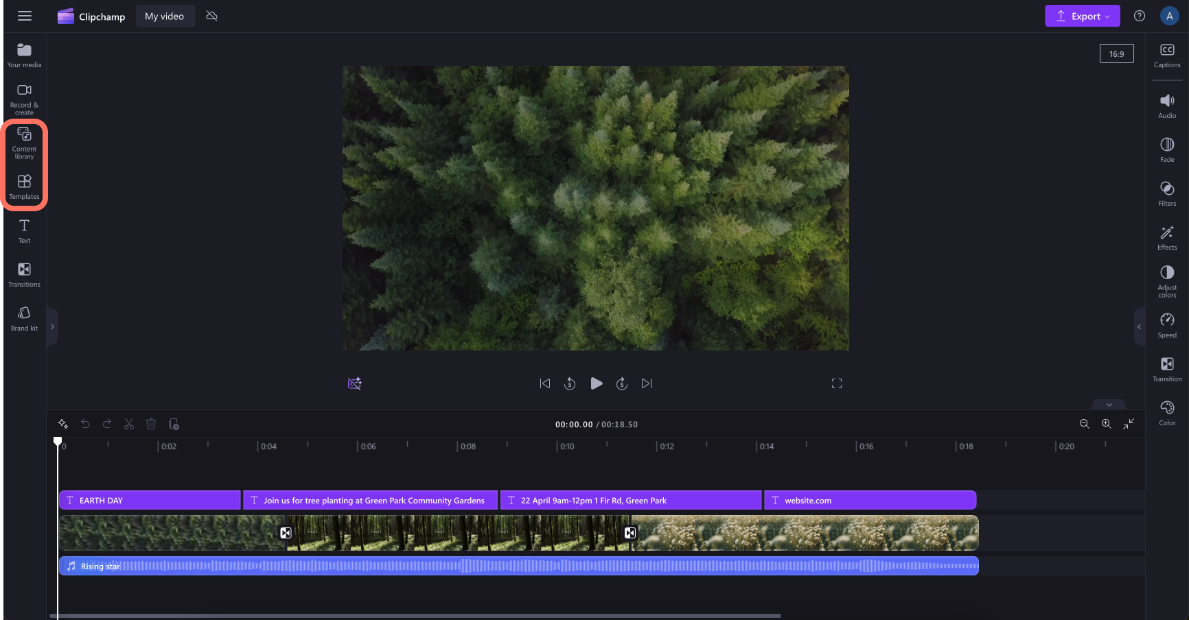Image showing the content library and template tabs on the toolbar in Clipchamp.