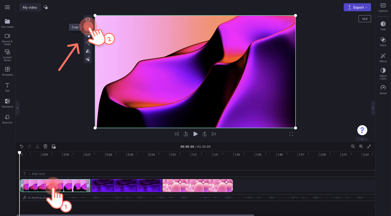 An image of a user clicking on the crop button on the floating toolbar.