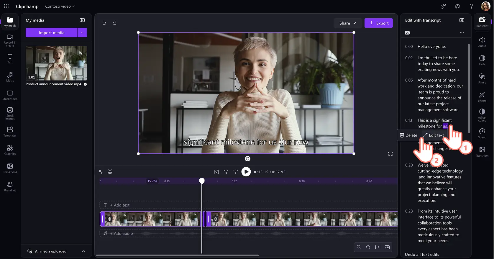 A user editing spellings in a auto generated video transcript in Clipchamp video editor for work