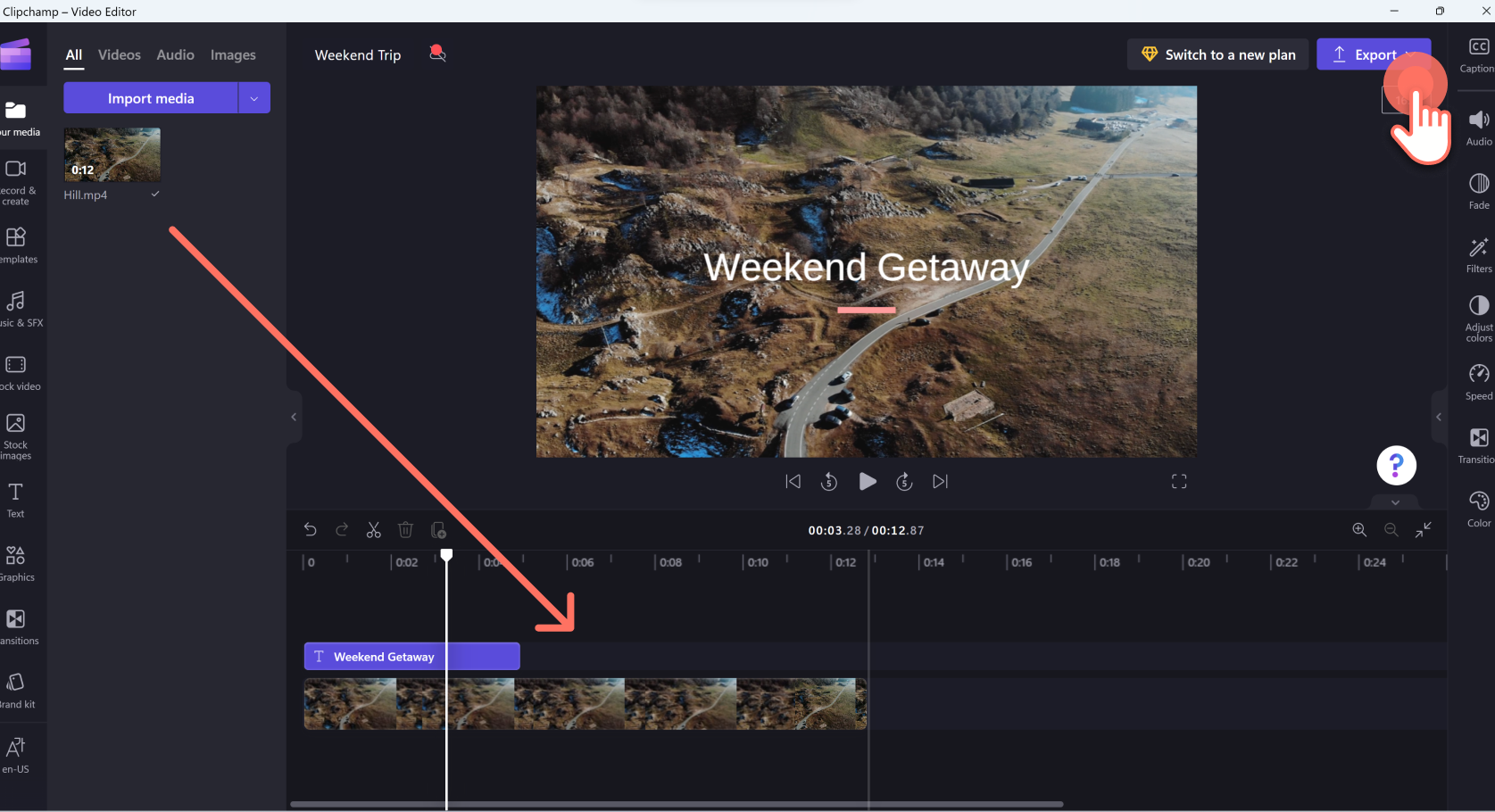 An image of editing a video in Clipchamp by placing it on the timeline.