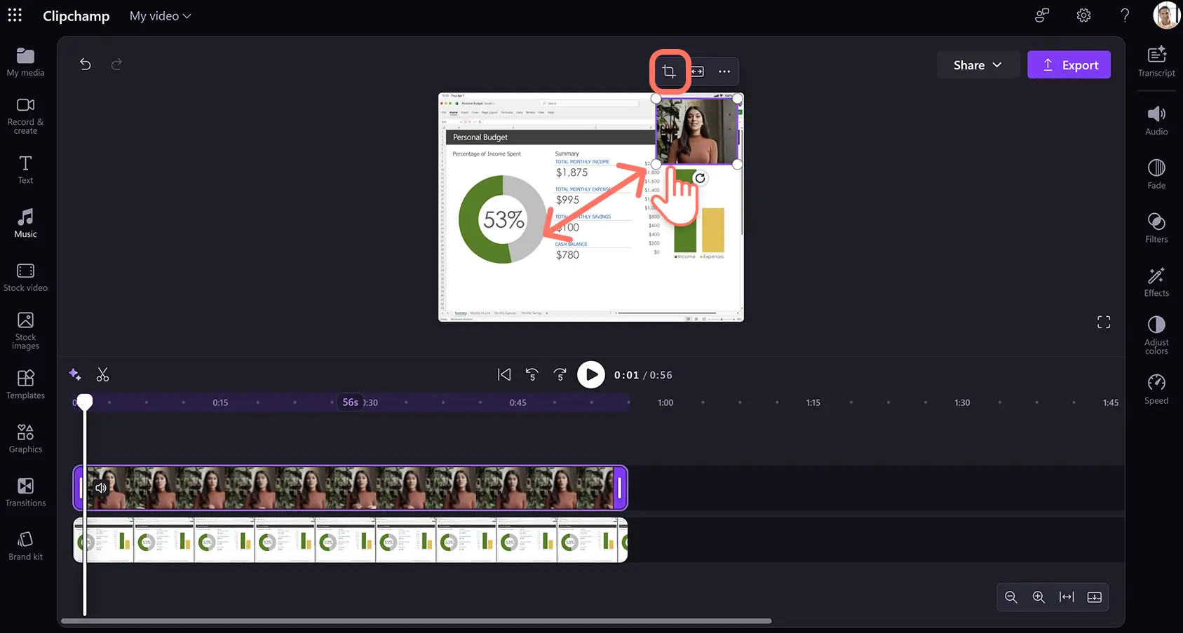 A user resizing a video overlay in a product demo video in Clipchamp for work.