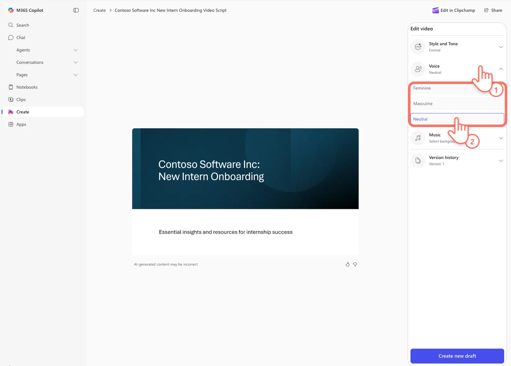 A user customizing a video presentation voice tone in Create Hub