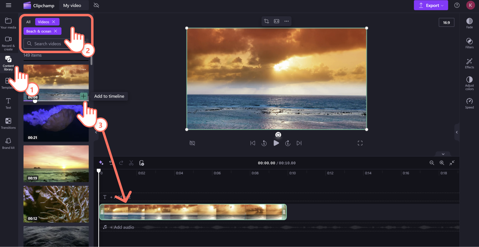 A user adding a stock video of a beach sunrise onto the timeline in Clipchamp.