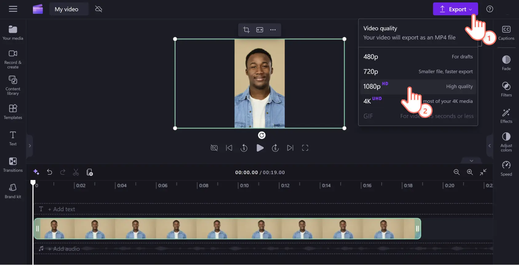 Clipchamp ユーザーが 1080p の画質でビデオをエクスポートしている画像。