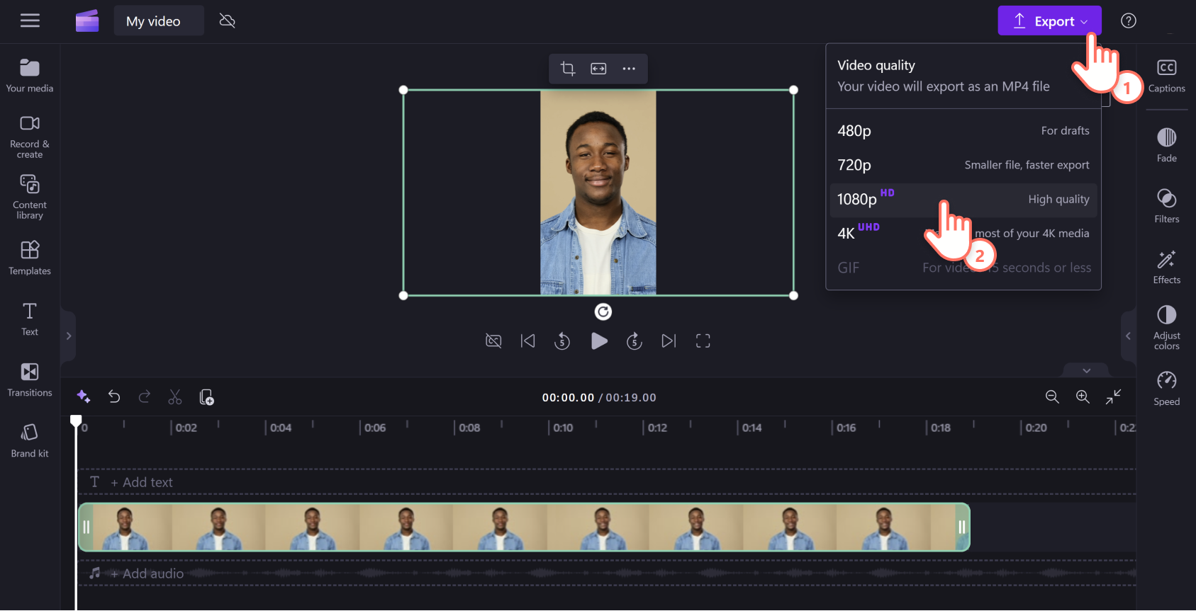 An image of a Clipchamp user exporting their video in 1080p resolution.