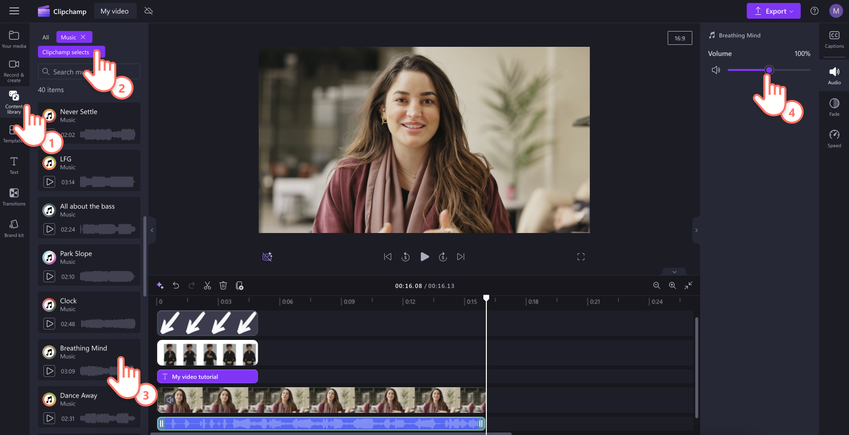 An image of a user adding stock music to their video.