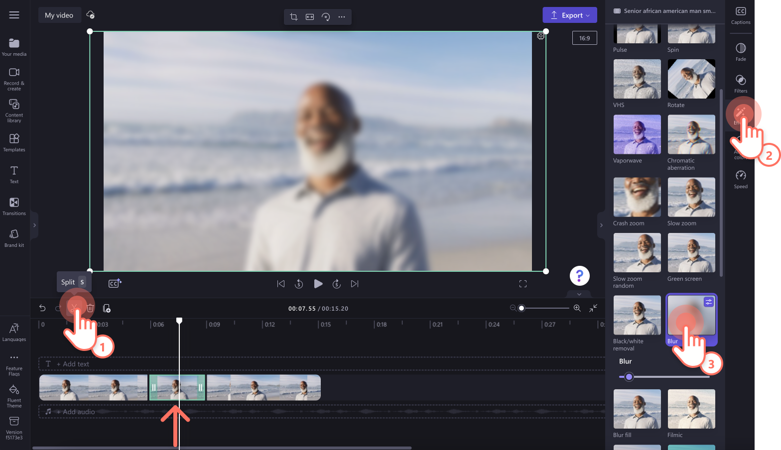 Imagen de un usuario agregando el efecto de desenfoque a un clip de vídeo dividido.