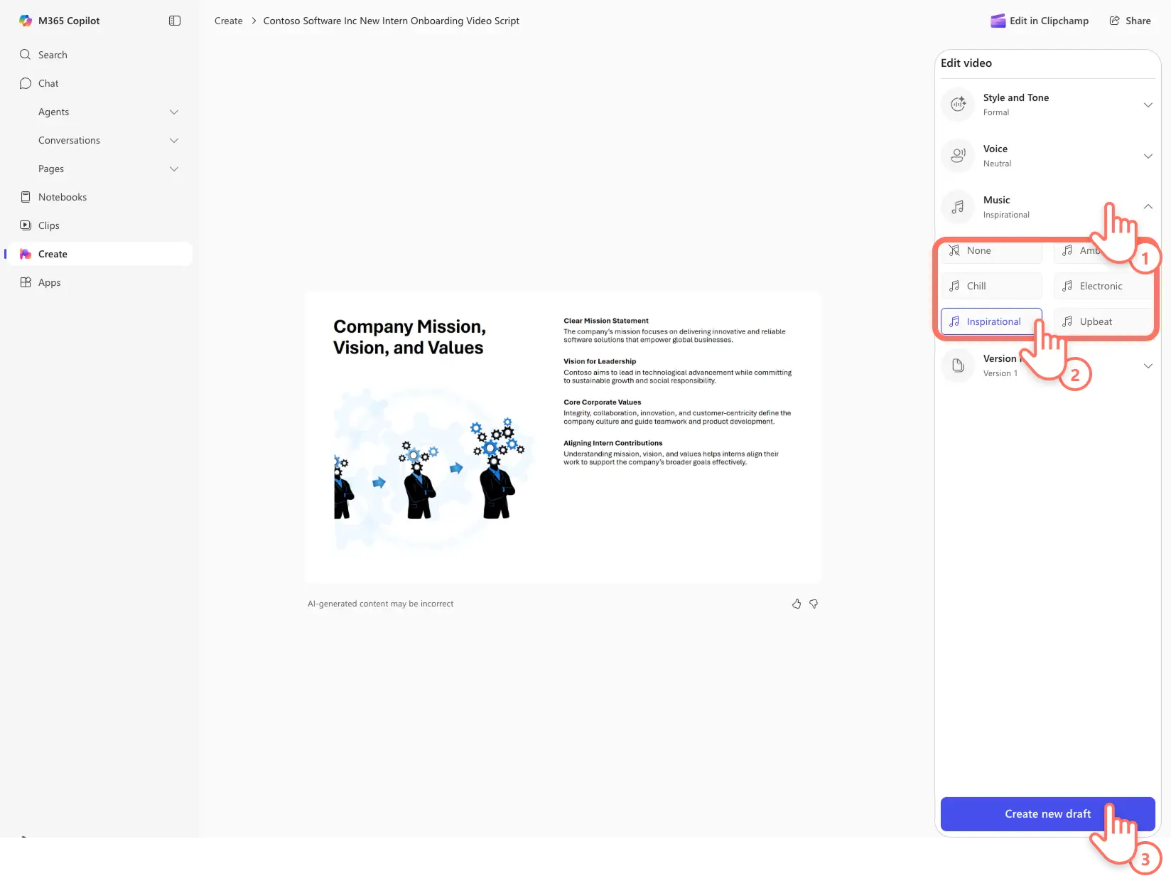 A user customizing a video presentation background music in Create Hub