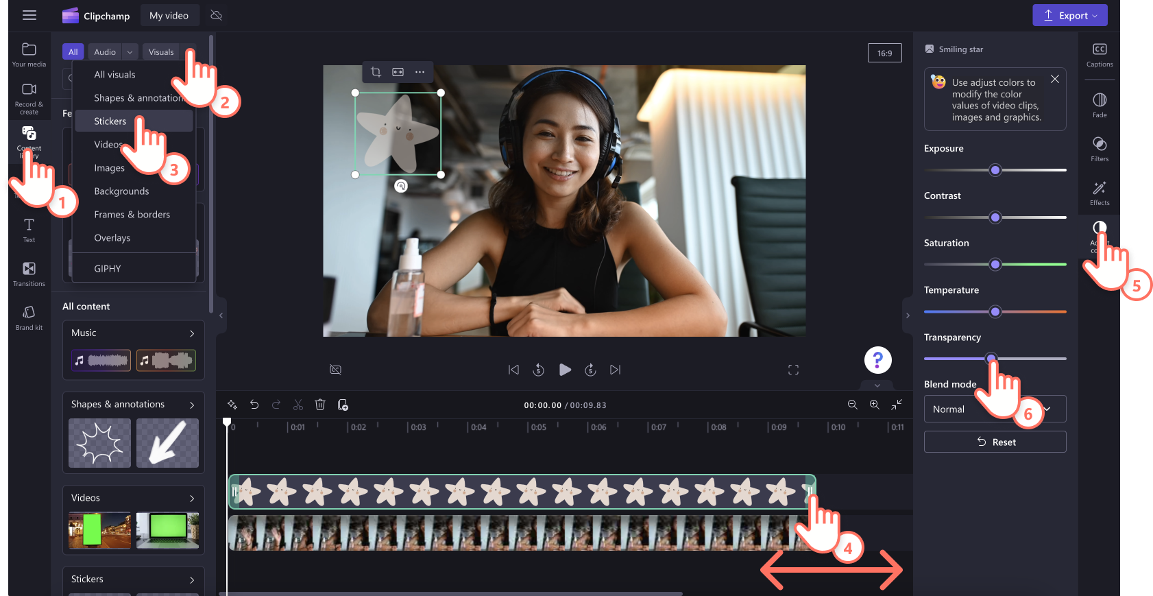 An image of a user adding a sticker to the timeline and editing the transparency. 